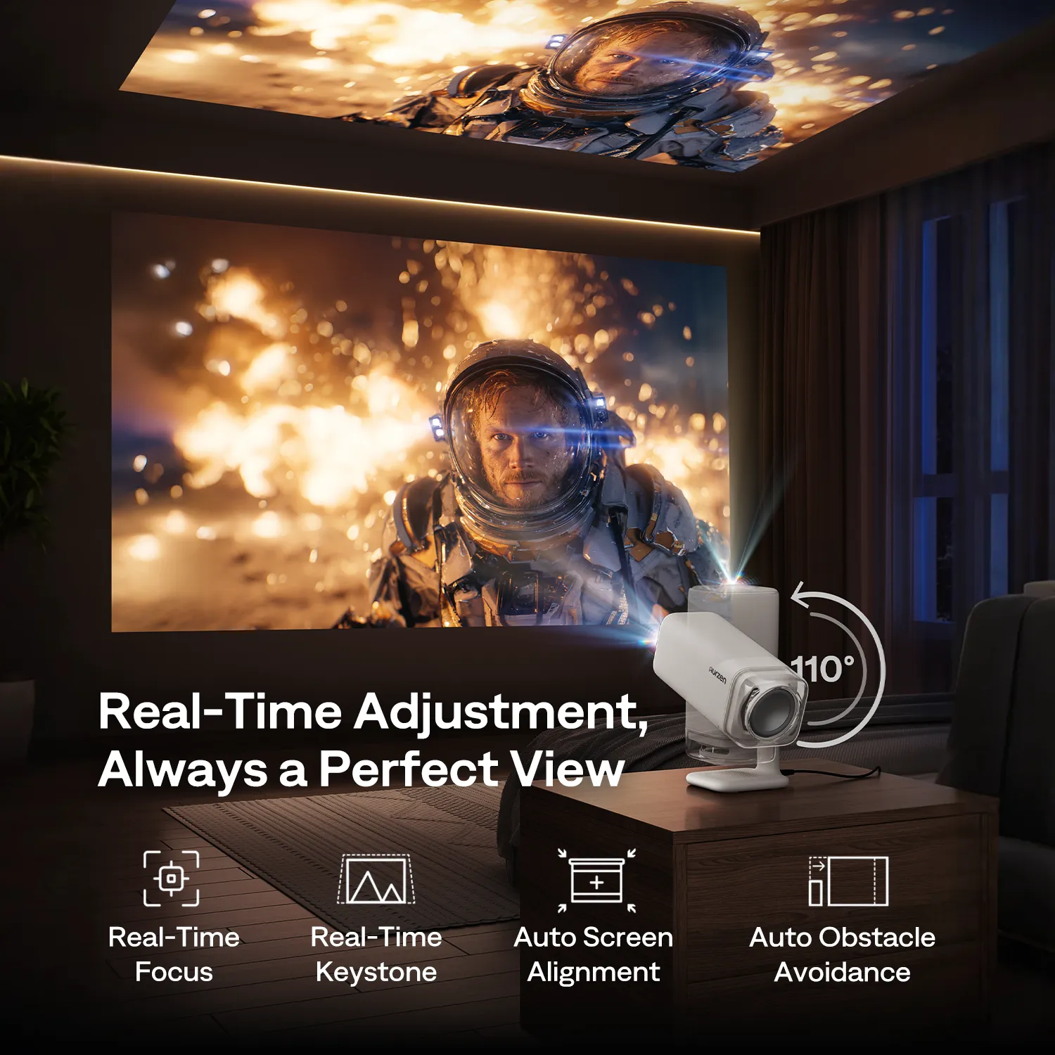 Aurzen BOOM air Google TV Smart Projector adjustment view