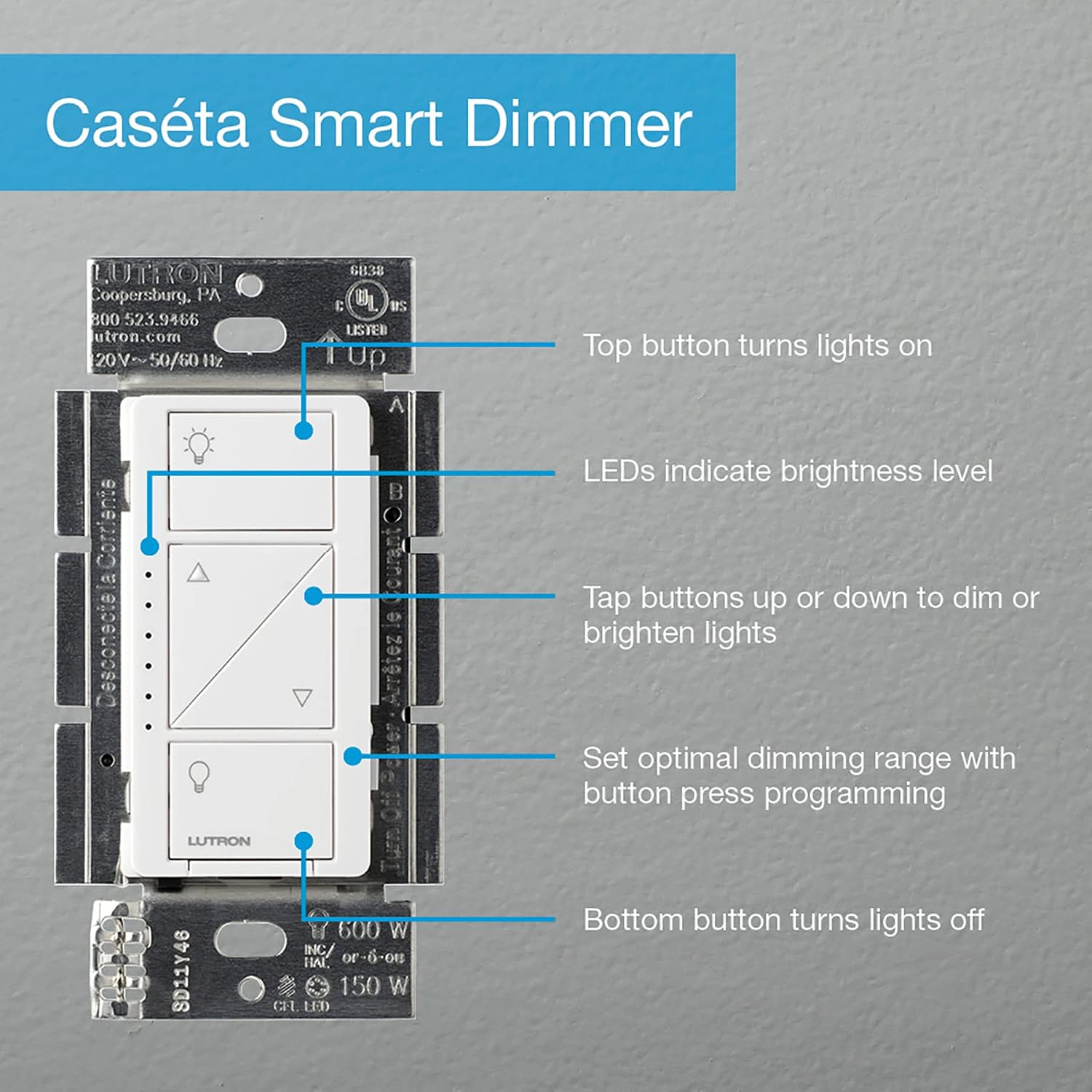 Lutron Caseta Original Smart Dimmer Switch PD-6WCL-BL - The Quiet Circuit angle 3