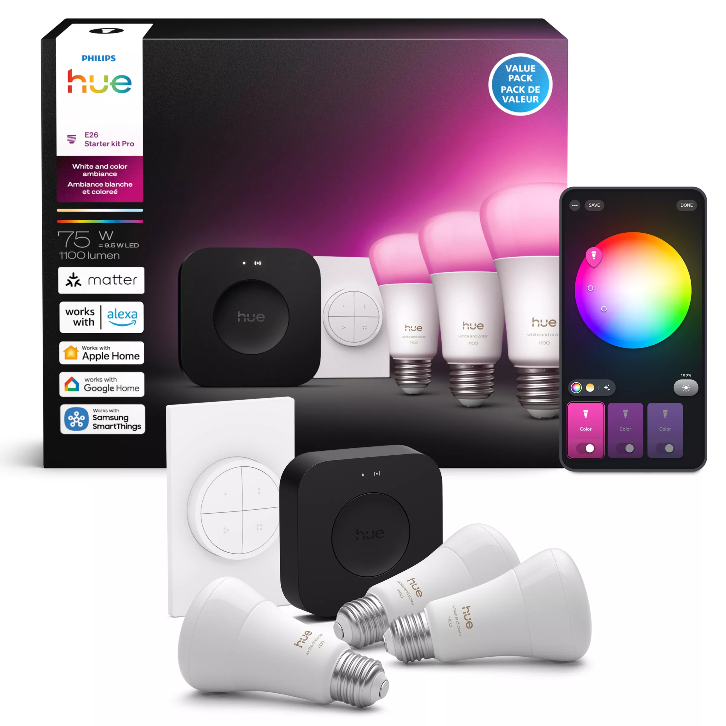 Philips Hue Starter Kit: 3 E26 Bulbs + Tap Dial Switch + Bridge Pro gallery view 3